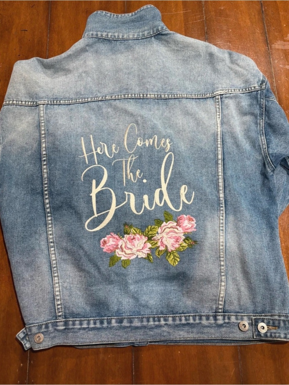 Light Blue Denim Bridal Jacket with Pink Floral Embroidery